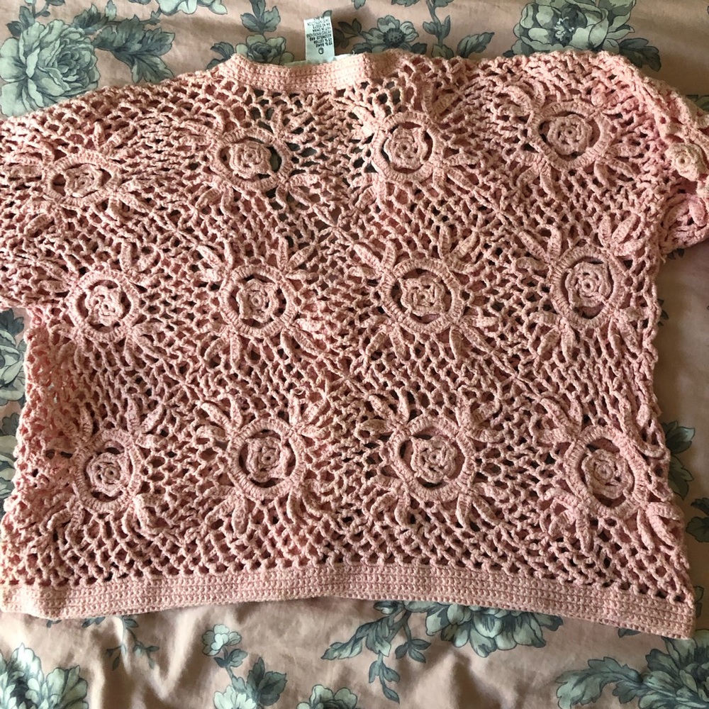 Pink crochet flower lace cardigan top vintage 90"s Equipt 90"s size L large boho - Picture 5 of 8